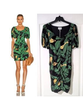 Ganni | Banana Print Ruched Jersey Mini Dress